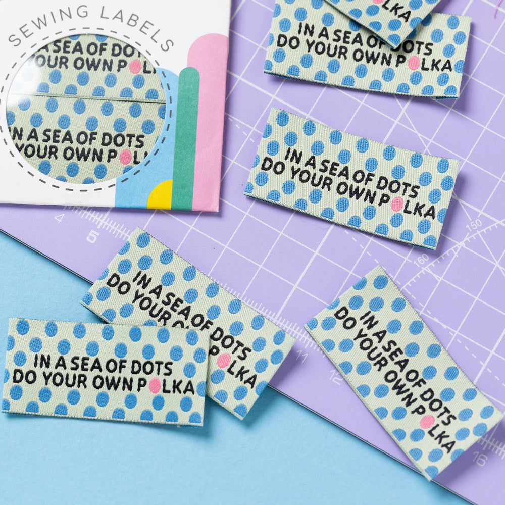 'Sea of Dots' woven labels from Little Rosy Cheeks on The Fold Line. The pack includes 6 woven labels with polka dots ready to be sewn into your handmade clothes.