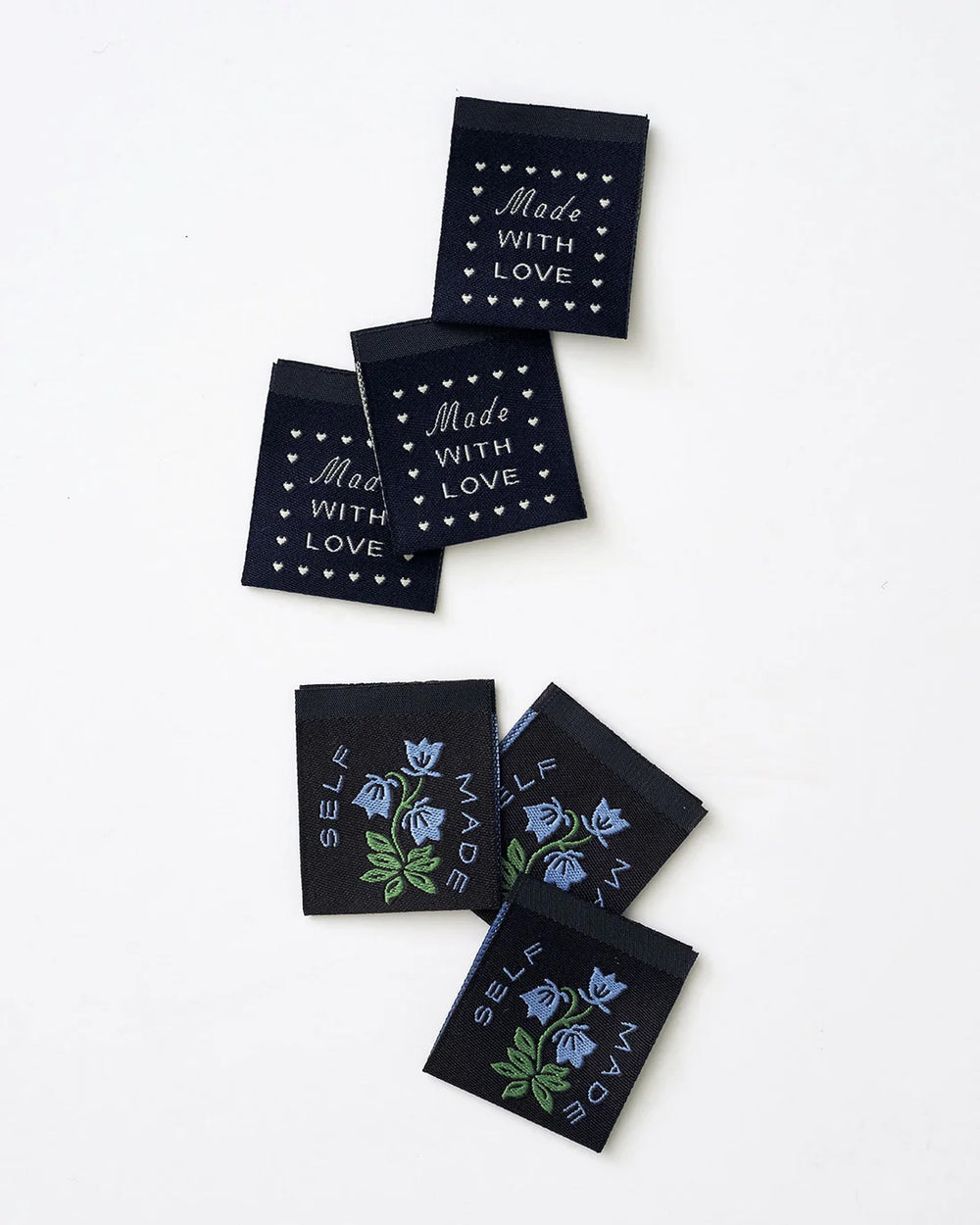 'Self Made Botanical Blue’ woven labels from Matchy Matchy Sewing Club on The Fold Line. The pack includes 6 woven labels to sew onto your handmade clothes and accessories.