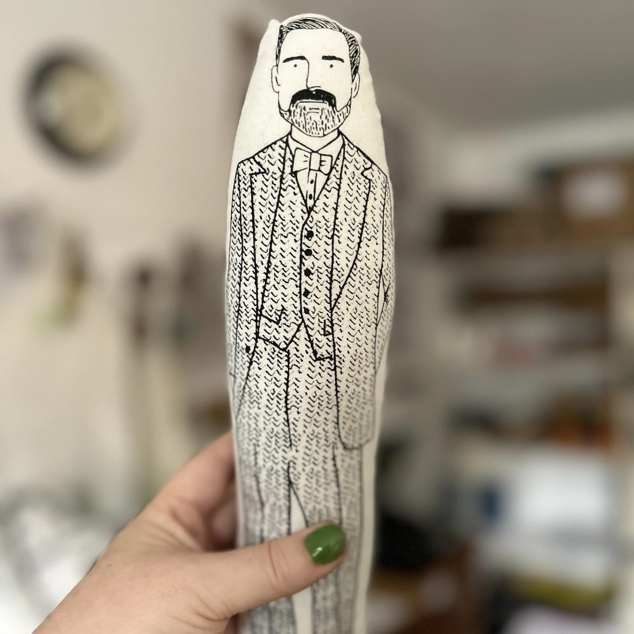 The Sew Your Own Patrick Grant from Fat Hen and Flo on The Fold Line. A black and white screen printed fabric panel sewn into a doll.