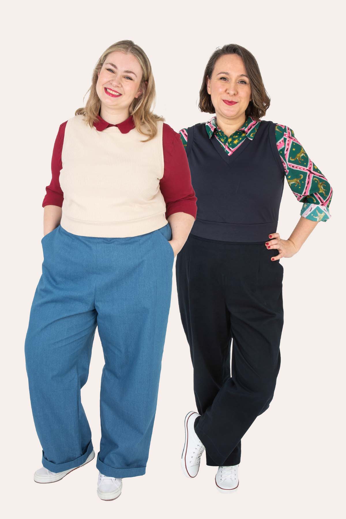 Women wearing the Stevie Slipover sewing pattern from Sew Over It on The Fold Line. A sleeveless vest pattern made in knit fabric, featuring a round neck or V-neck and wide waistband.
