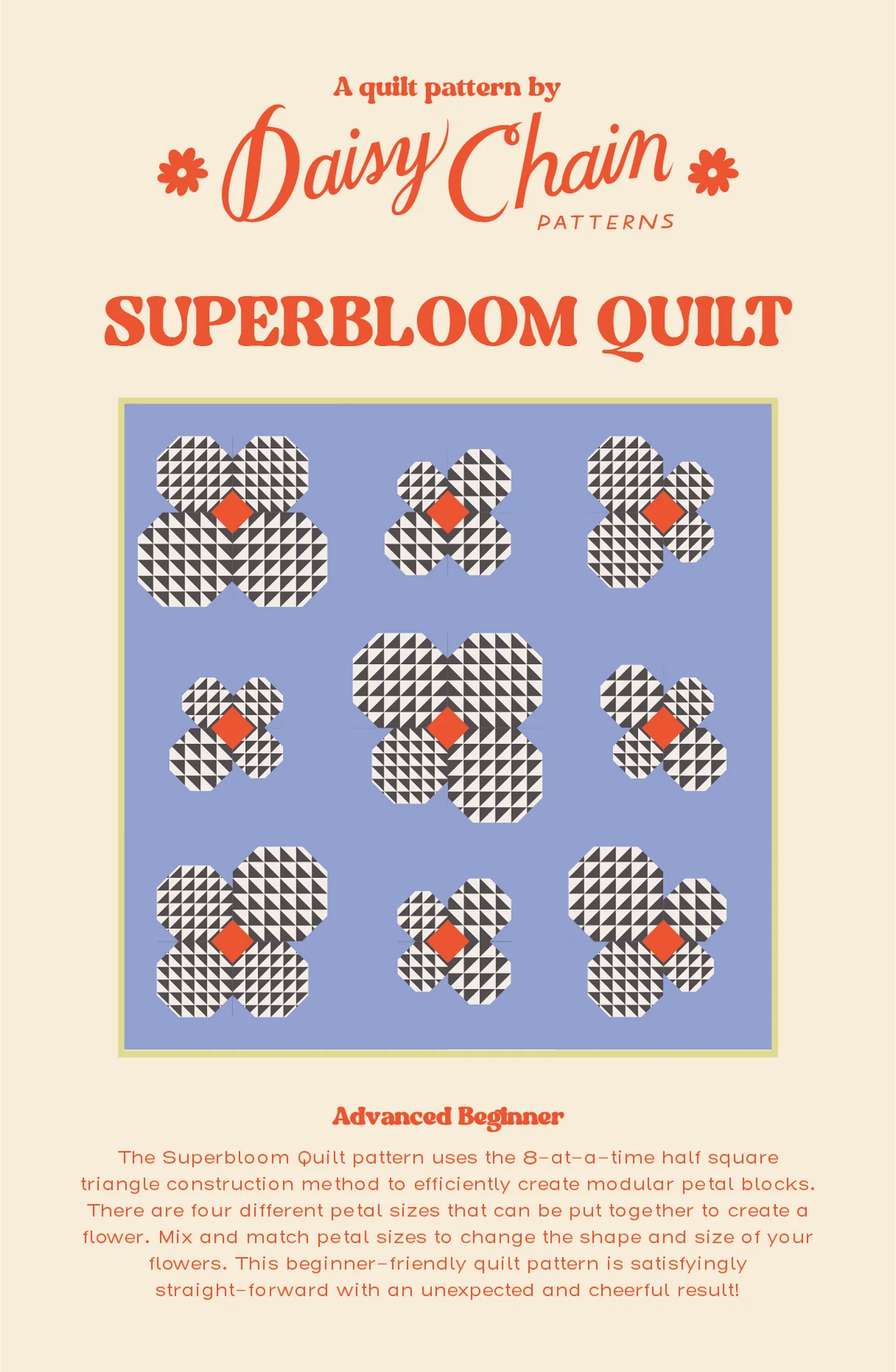 The Superbloom Quilt sewing pattern from Daisy Chain Patterns on The Fold Line. A quilt pattern made in quilting cotton fabric, featuring flowers made using the eight-at-a-time half square triangle construction method.