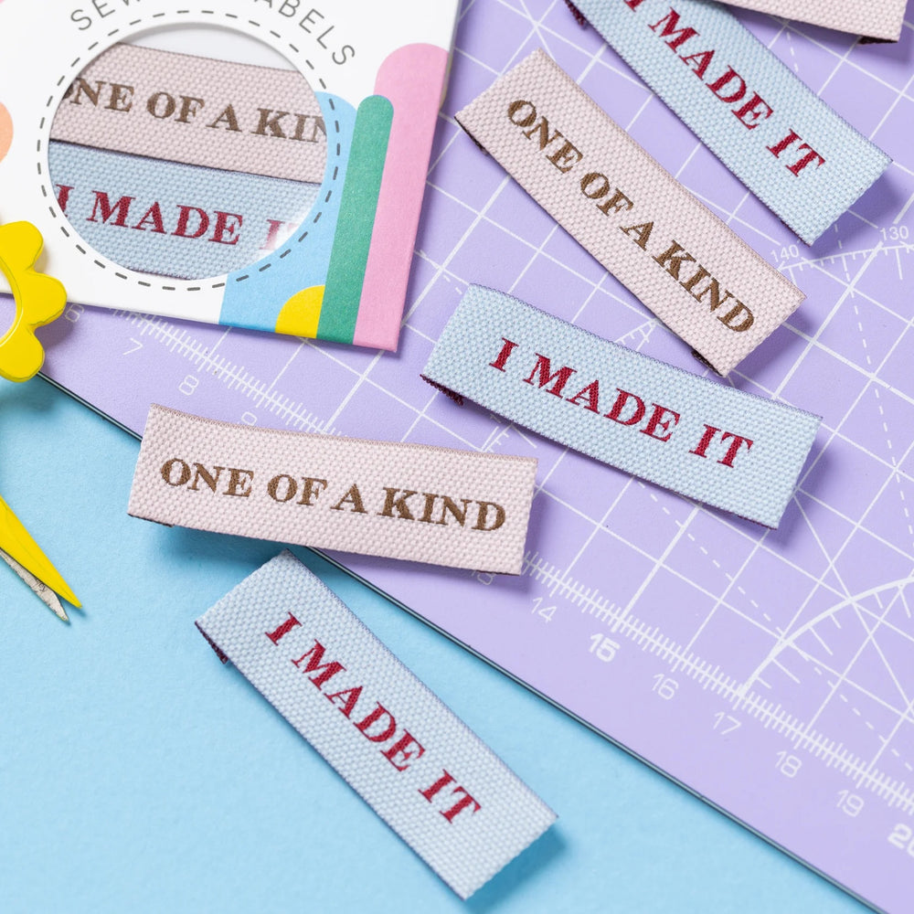'Textured Pastels' woven labels from Little Rosy Cheeks on The Fold Line. The pack includes 6 woven labels with a lightly textured finish ready to be sewn into your handmade clothes.