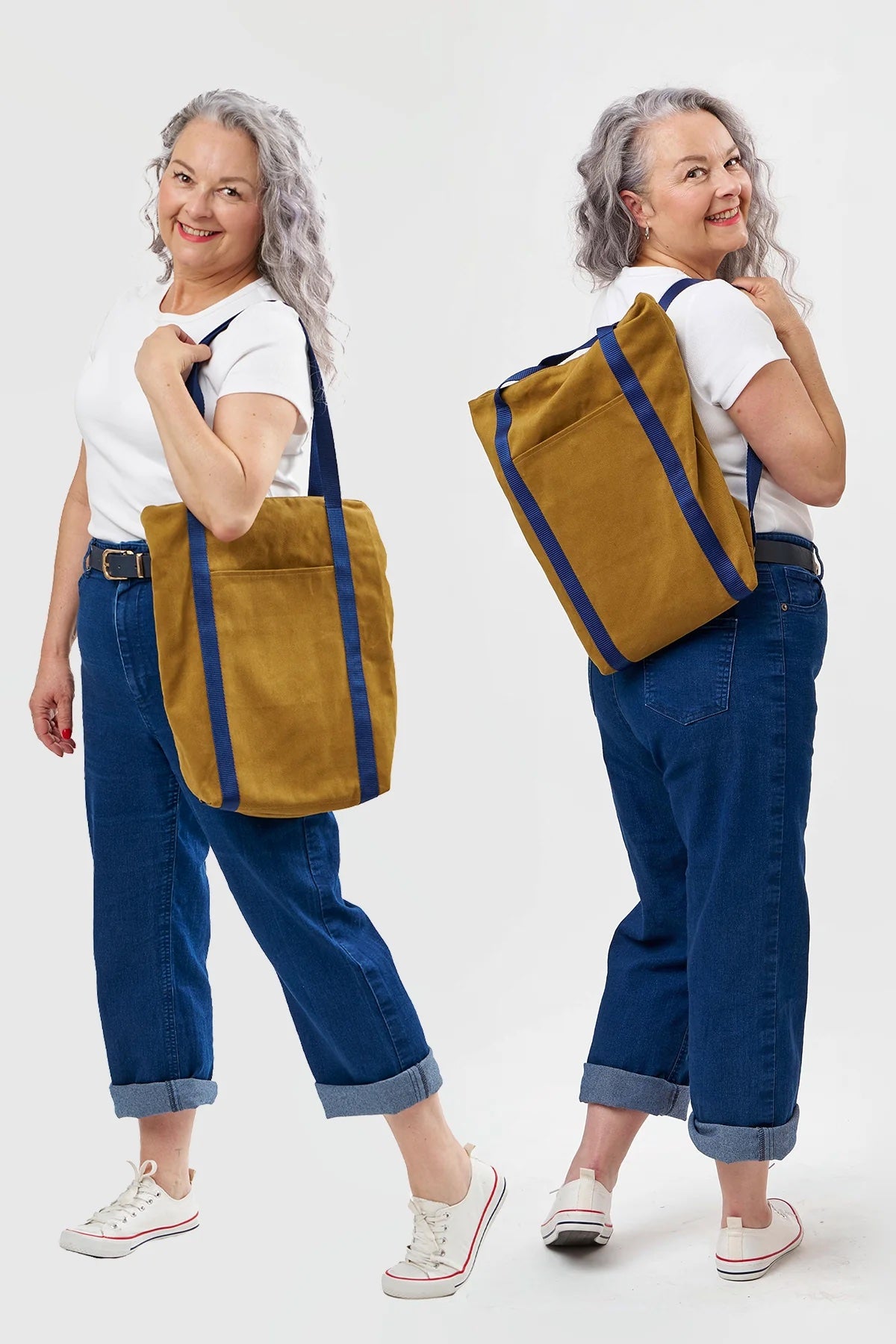 Woman wearing the Totepack sewing pattern from Sew Over It on The Fold Line. A bag pattern made in cotton twill, cotton canvas, or denim fabric, featuring a full lining, zip top closure, outside pocket, and convertible straps.