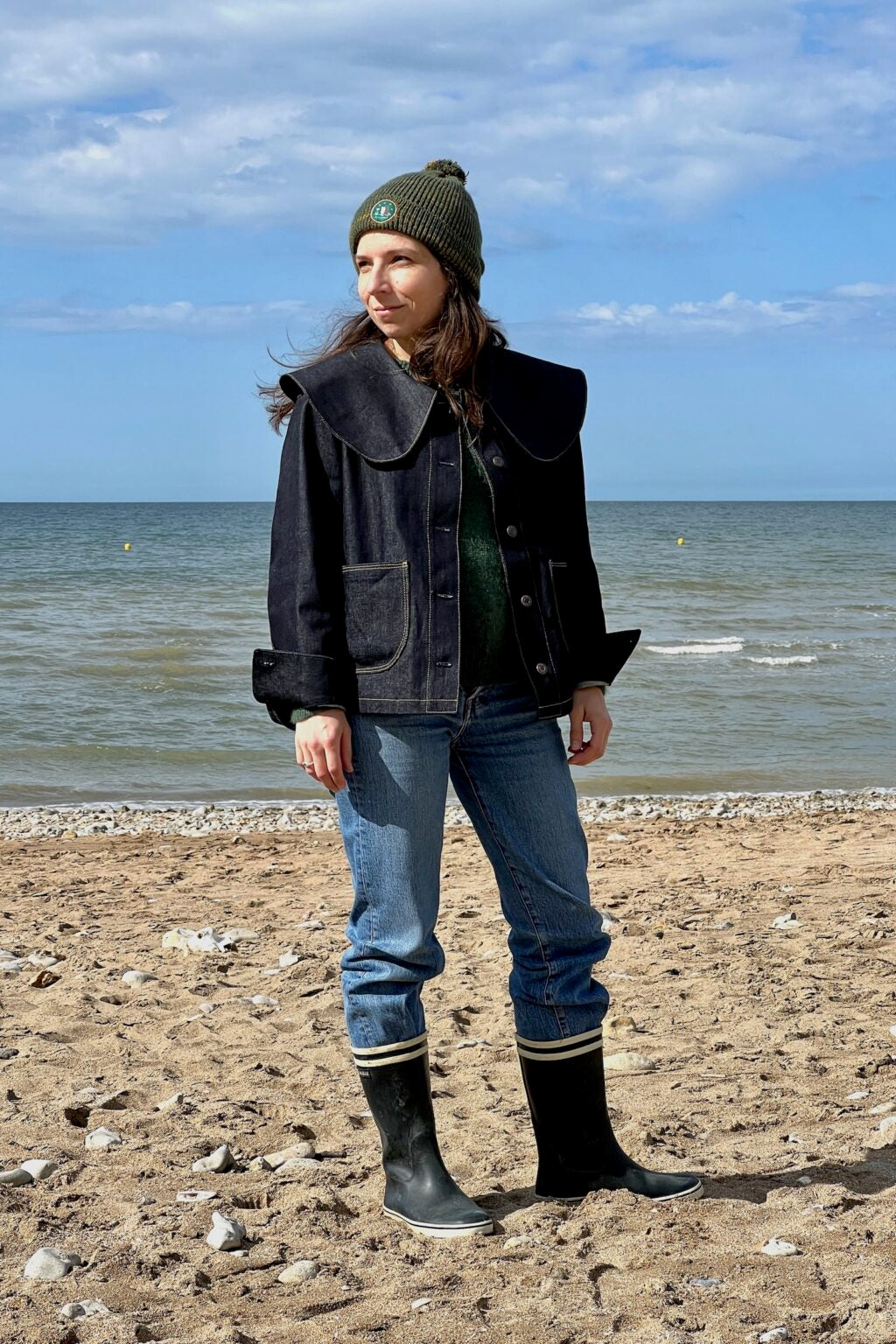 Woman wearing the Villers Jacket sewing pattern from Camimade on The Fold Line. A jacket pattern made in denim, twill, duck, canvas, or corduroy fabric, featuring a wide Peter Pan collar and patch pockets.