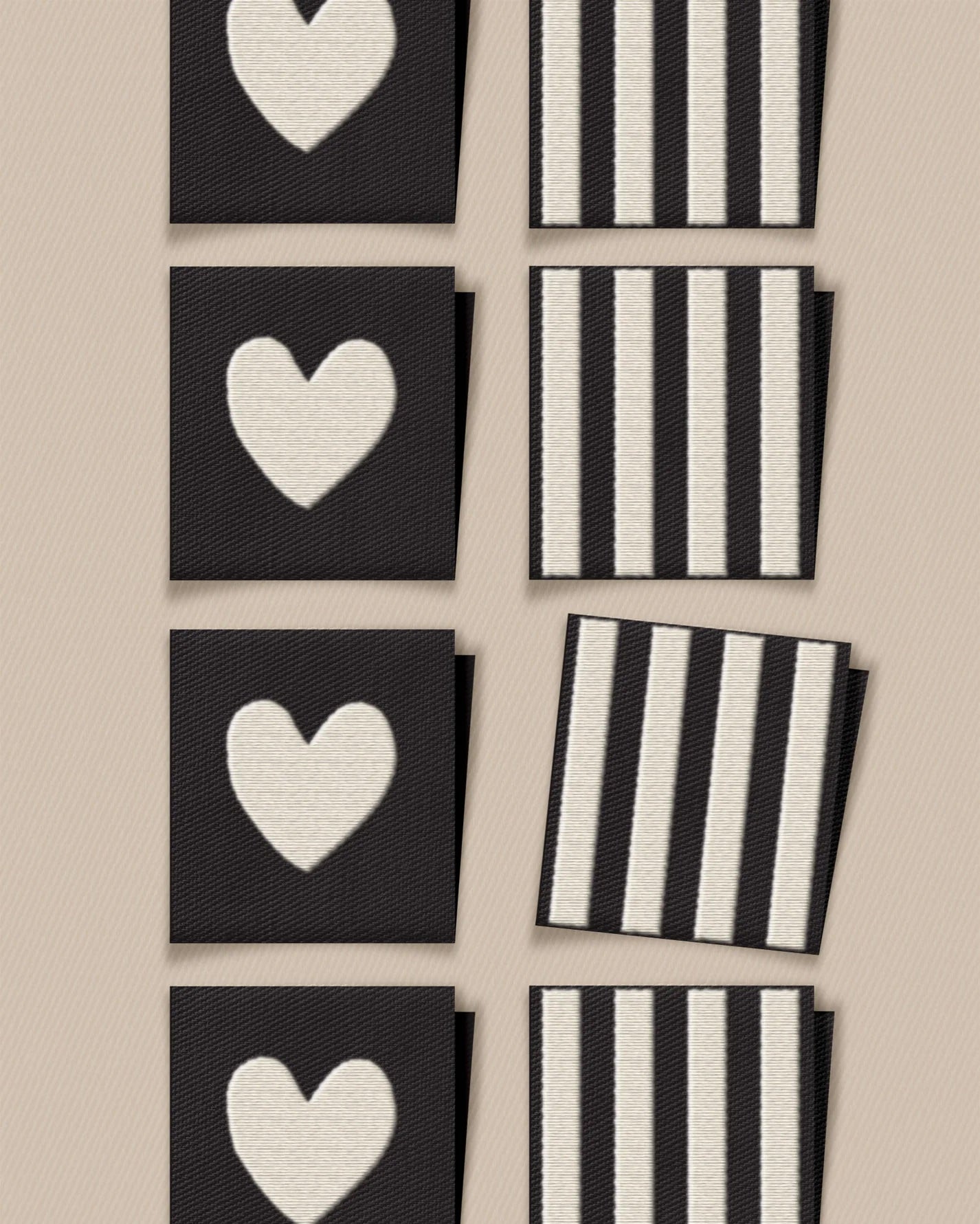 'White Heart and Stripe Square' woven labels from Matchy Matchy Sewing Club on The Fold Line. The pack includes 8 woven labels to sew onto your handmade clothes and accessories.