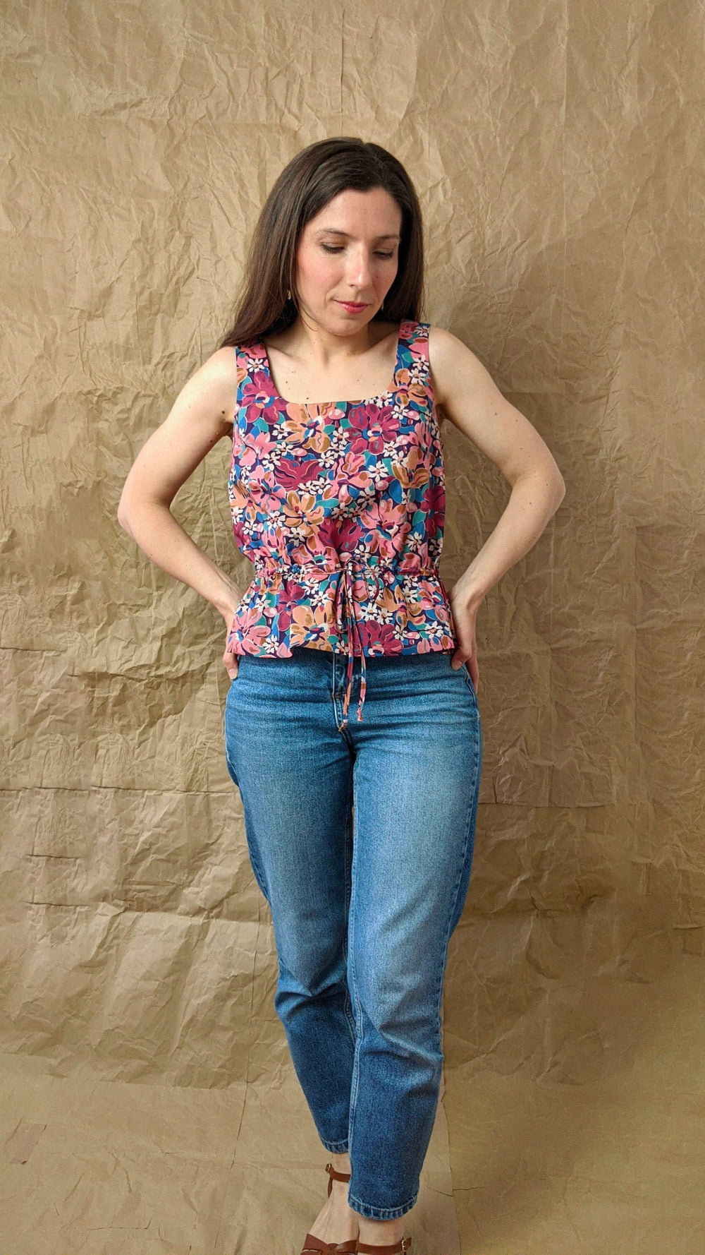 Women wearing the Sable Camisole sewing pattern from Camimade on The Fold Line. A sleeveless top pattern made in cotton, cotton lawn, poplin, linen, viscose, silk, modal fabrics, featuring a square neck, slightly cropped length, cinched waist with channel