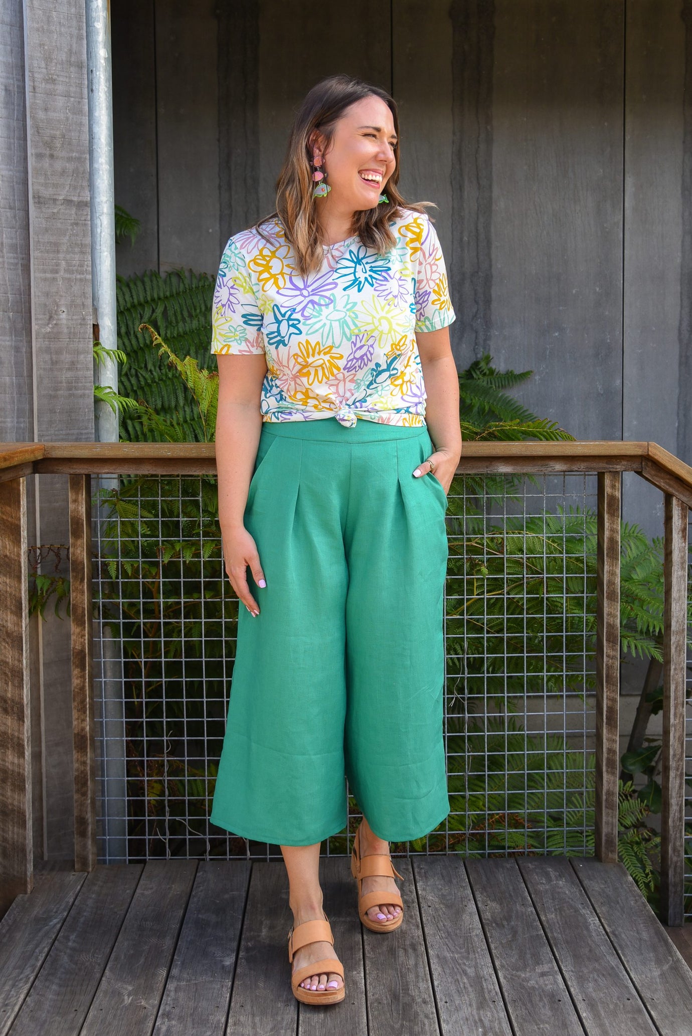 Women wearing the Carolina Culottes sewing pattern from Sew to Grow on The Fold Line. A culottes pattern made in rayon, linen/linen blends, cotton or chambray fabrics, featuring an elasticised back and flat front waistband, sits just above the hips, front