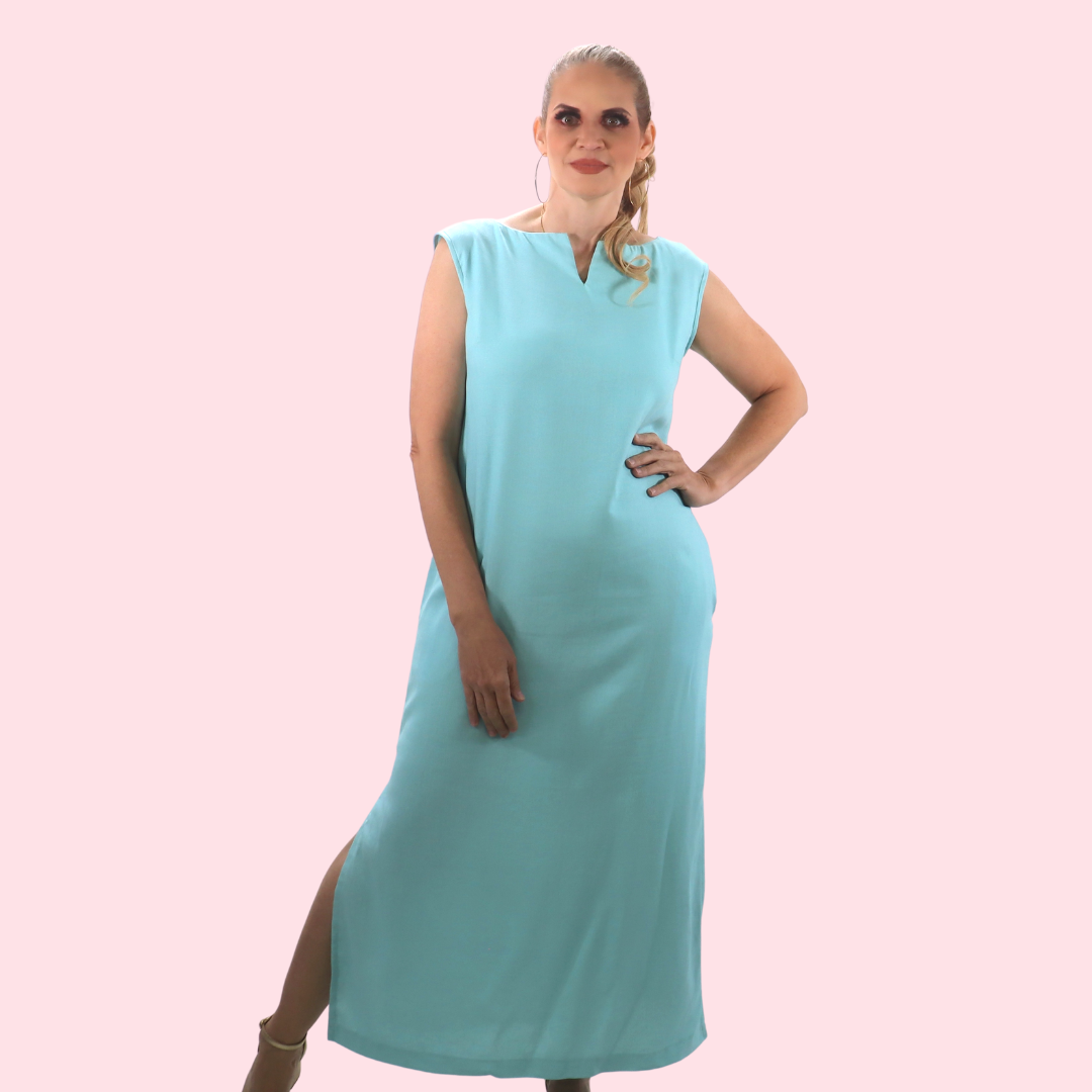 Women wearing the Deborah Dress sewing pattern Sirena Patterns on The Fold Line. A sleeveless dress pattern made in linen, cotton, cotton blends, chambray or poplin fabrics, featuring bust darts, boat neckline, centre front neckline slit, back zip closure