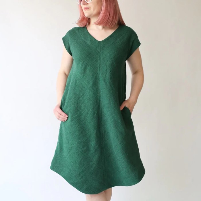 Woman wearing the Emerald Dress sewing pattern from Made by Rae on The Fold Line. A shift dress pattern made in linen, linen blends, cotton, rayon challis and blends, silk noil, tencel twill, and double gauze fabrics, featuring a bias-cut, V- neck, curved