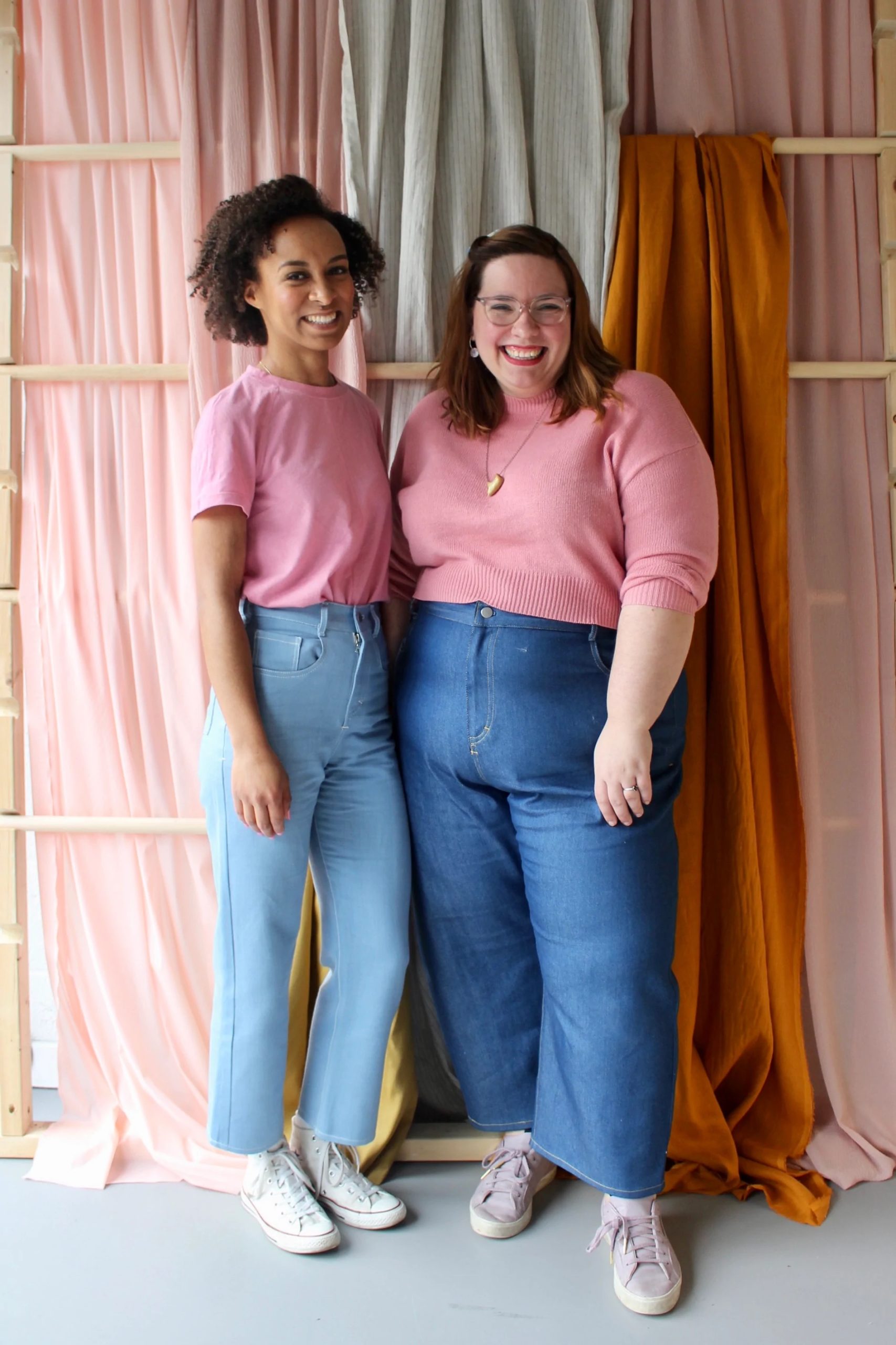 Women wearing the Everyday Jeans sewing pattern from The New Craft House on The Fold Line. A jeans pattern made in denim, corduroy or twill fabrics, featuring a super high-waist, snug fit through the hips and bum, relaxes out at the thigh, straight leg, b