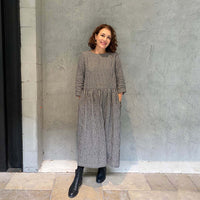 Women wearing the Felicia Dress sewing pattern from Tessuti Fabrics on The Fold Line. A dress pattern made in light to medium weight linen, linen blend, cotton, viscose, lightweight wool crepe or wool gauze fabrics, featuring new sleeves, bodice and neck 