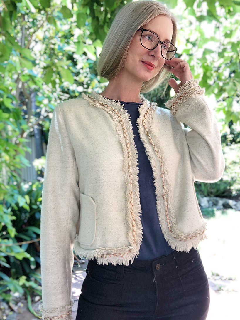 Women wearing the Felix Jacket sewing pattern from Pattern Union on The Fold Line. A jacket pattern made in linen, kantha, quilted fabrics, leather, tweed, wool, canvas, boiled wool, or silk fabrics, featuring an open front, unlined, bound edges, bust cup