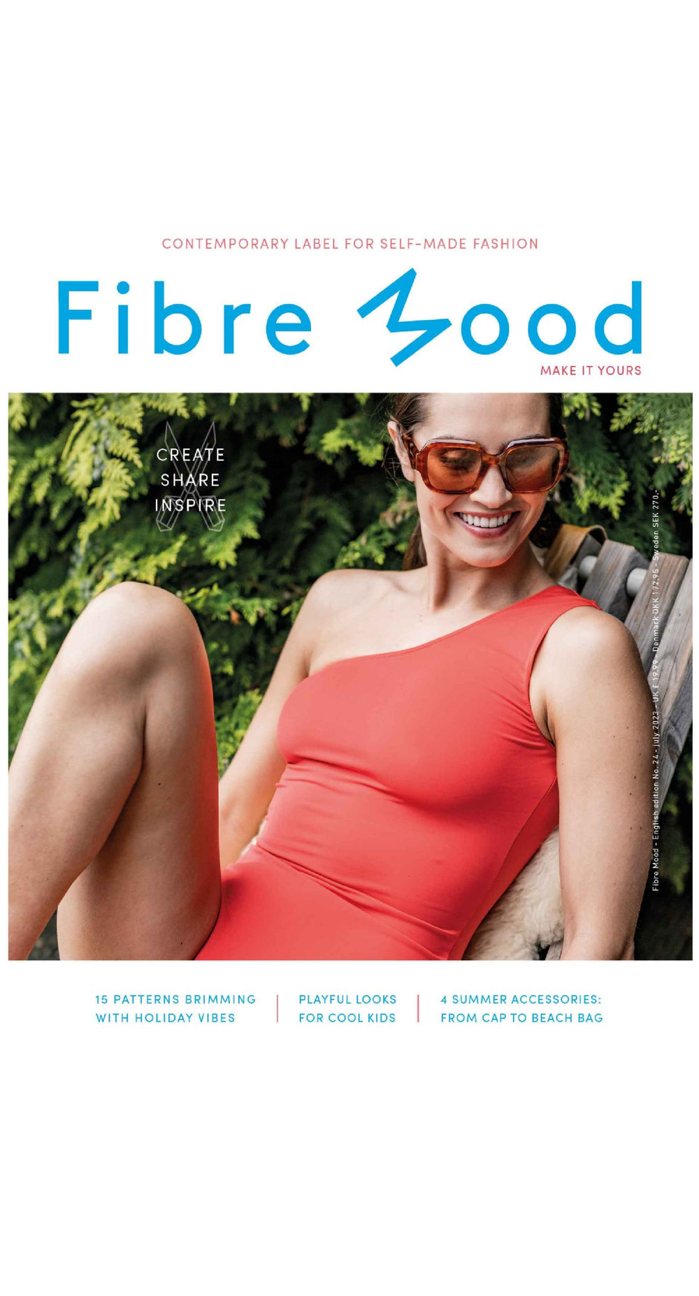 A sewing pattern magazine from Fibre Mood on The Fold Line. A magazine with 19 patterns and many style variations for summer, including dresses, tops, shorts, swimsuit, baseball cap for women; dresses, tops, shorts and jumpsuit for children; and three use