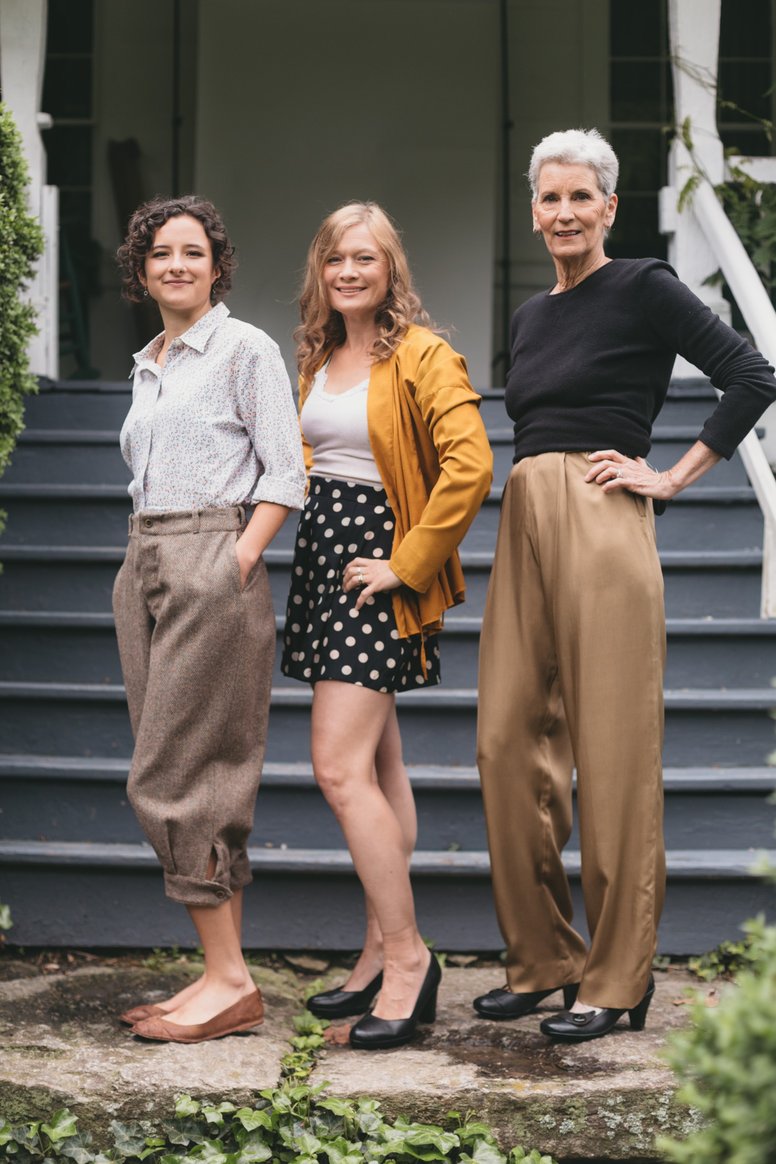 Women wearing the 250 Hollywood Pants and Shorts sewing pattern from Folkwear on The Fold Line. A trouser and shorts pattern made in cotton, linen, broadcloth, homespun, twill, wool gabardine, challis, rayon or blend fabrics, featuring Knickers with butto