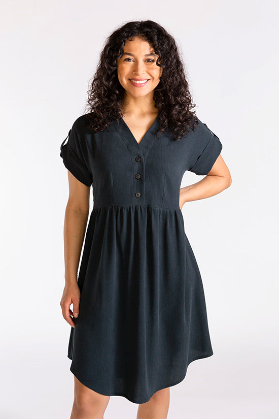 Woman wearing the Fringe Dress sewing pattern from Chalk and Notch on The Fold Line. A dress pattern made in rayon challis, rayon crepe, rayon voile, cotton lawn, cotton voile, cotton shirting, linen or double gauze fabrics, featuring a relaxed fit, V-nec
