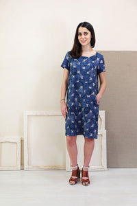Woman wearing the Gelato Dress sewing pattern from Liesl + Co on The Fold Line. A dress pattern made in quilting cotton, chambray, voile, lawn, shirting, poplin, broadcloth, linen, rayon, silk shantung or dupioni, wool suiting or lightweight jacquard fabr