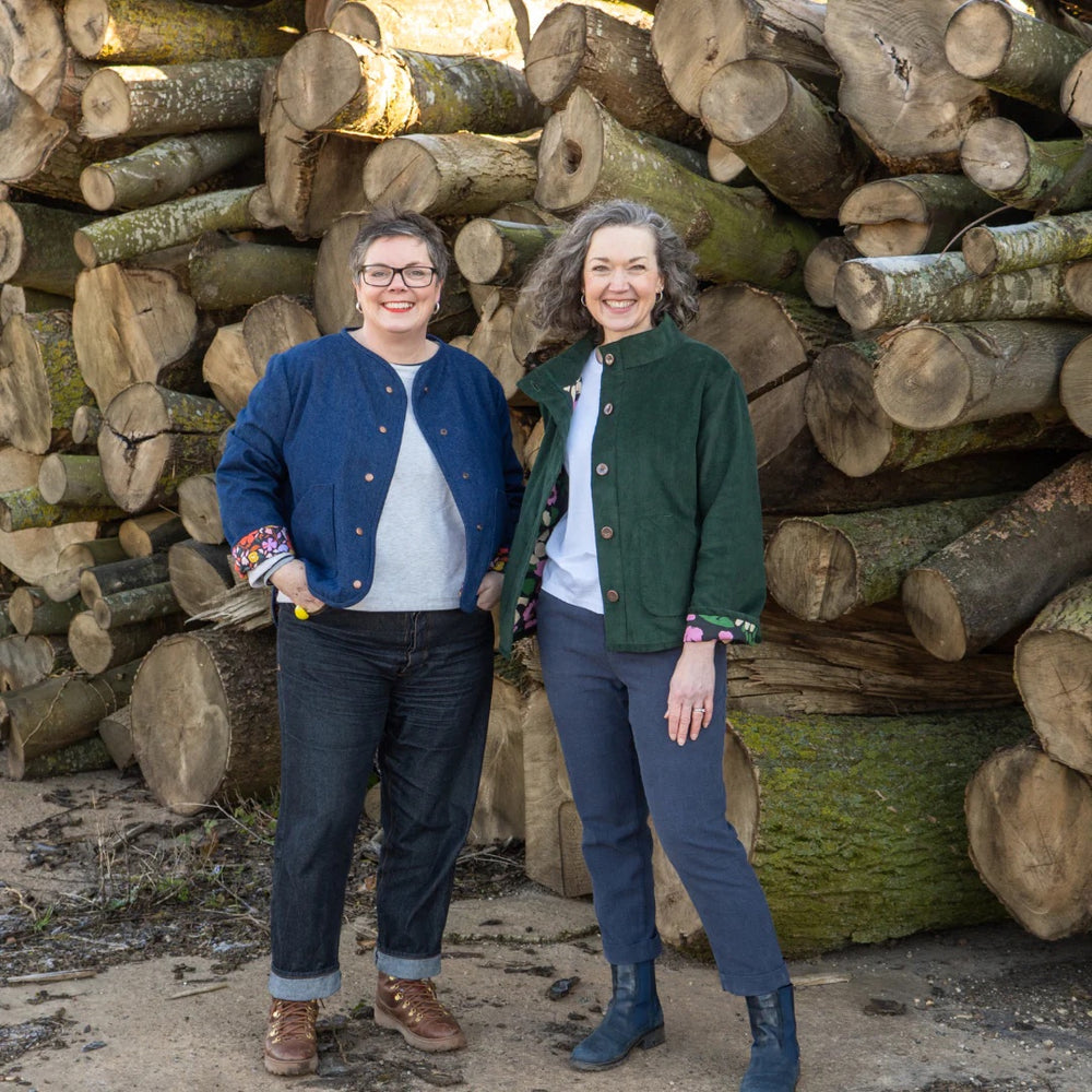 Women wearing the Greta Jacket and Gilet sewing pattern from Sew Me Something on The Fold Line. A jacket and gilet pattern made in quilted/padded fabric, light to mid-weight denim, cotton twill, needlecord, or wool blend fabrics, featuring Version 1: Boxy