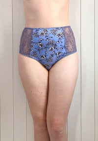 Woman wearing the Ivy Lace Knicker sewing pattern from Sew Projects on The Fold Line. A panty pattern made in, jersey, stretch satin, stretch mesh or stretch lace fabrics, featuring side panels of stretch scallop lace, full back coverage, high waist and l