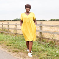 Woman wearing the Jessica Dress sewing pattern from Sew Me Something on The Fold Line. A smock dress pattern made in craft cotton, linen, poplin, lightweight denim, crepe, satin crepe, corduroy, viscose, ramie, double gauze, rayon fabrics featuring a rela