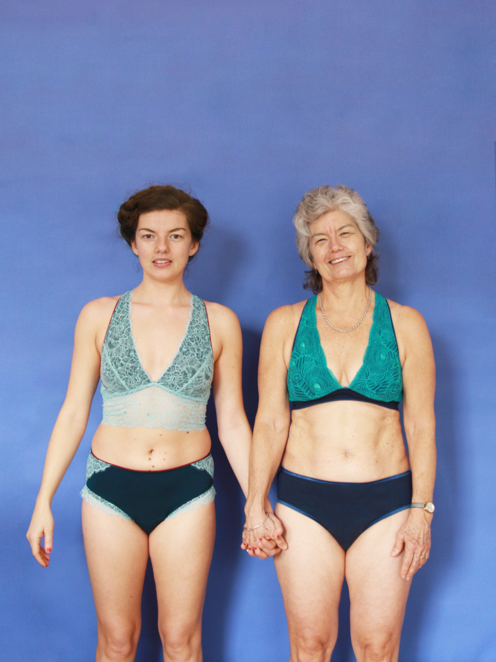 Women wearing the Josie Bra and Pants sewing pattern from Made My Wardrobe on The Fold Line. A bra and pants pattern made in cotton jersey fabrics, featuring a bra with cross back straps, long or short underband, back hook and eye closure. The hipster pan