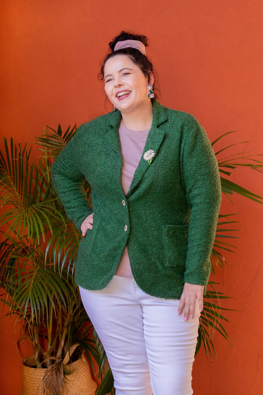 Woman wearing the Kaia Coatigan sewing pattern from Sew To Grow on The Fold Line. A coatigan pattern made in boiled wool, ponte de roma, jersey or sweatshirt knit fabrics, featuring a classic blazer silhouette, faux collar, front patch pockets, full lengt