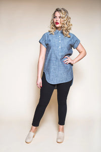 Woman wearing the Kalle Shirt and Shirtdress sewing pattern by Closet Core Patterns. A button front shirt pattern made in linen, rayon challis, silk crepe de chine, and tencel fabric featuring a loose, body-skimming silhouette, high-low hem, short dolman 