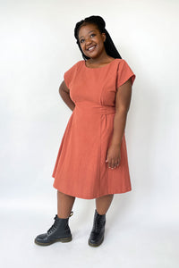 Women wearing the Kinfolk Dress sewing pattern from Jennifer Lauren Handmade on The Fold Line. A dress pattern made in cotton lawn, voile, poplin, linen, light chambray, denim, double gauze, jacquard, sateen, rayon, silks or crepe fabrics featuring an ove