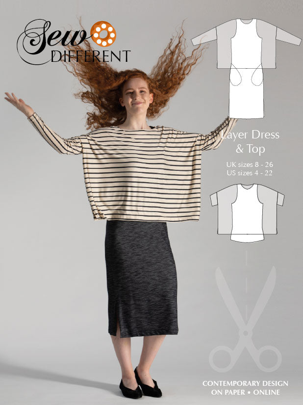 Woman wearing the Layer Dress and Top sewing pattern from Sew Different on The Fold Line. A dress pattern made in stretch fabrics, featuring an over layer with boxy oversized shape and full length slim arms, the under layer has a slimmer fit, in-seam pock