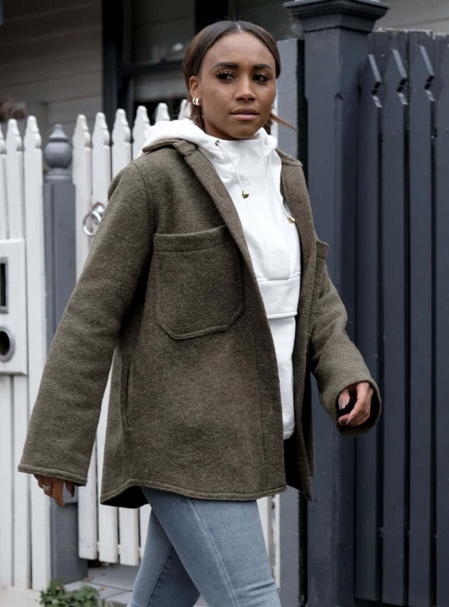 Women wearing the Logan Shacket sewing pattern from Style Arc on The Fold Line. A jacket/shirt pattern made in boiled wool, denim, corduroy, linen or flannelette fabrics, featuring an oversized silhouette, slightly dropped shoulders, two-piece shirt colla