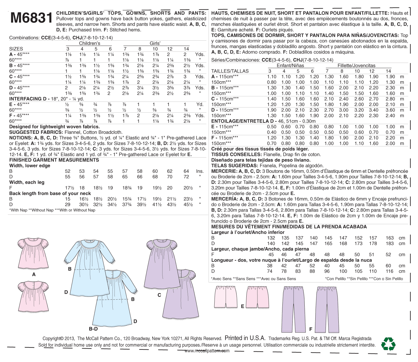 McCalls Child/Teen Nightwear M6831