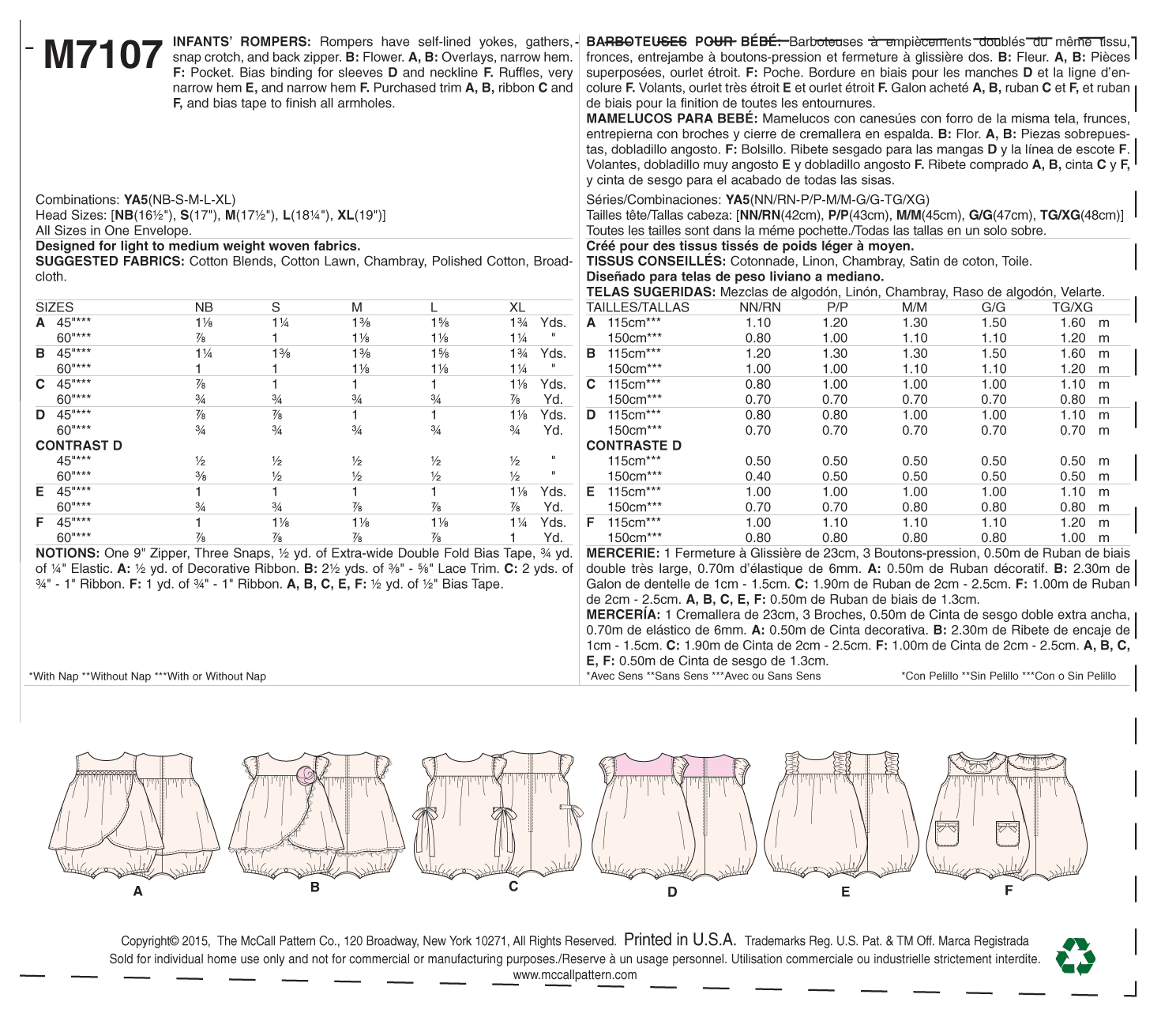 McCalls Babies' Rompers M7107