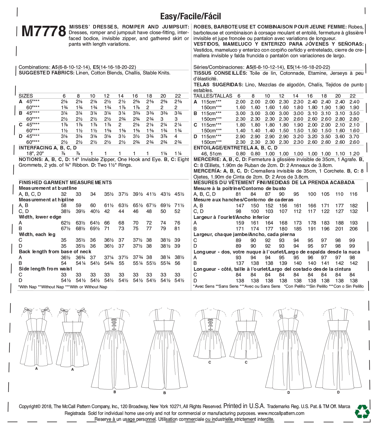McCalls Dresses, Romper and Jumpsuit M7778