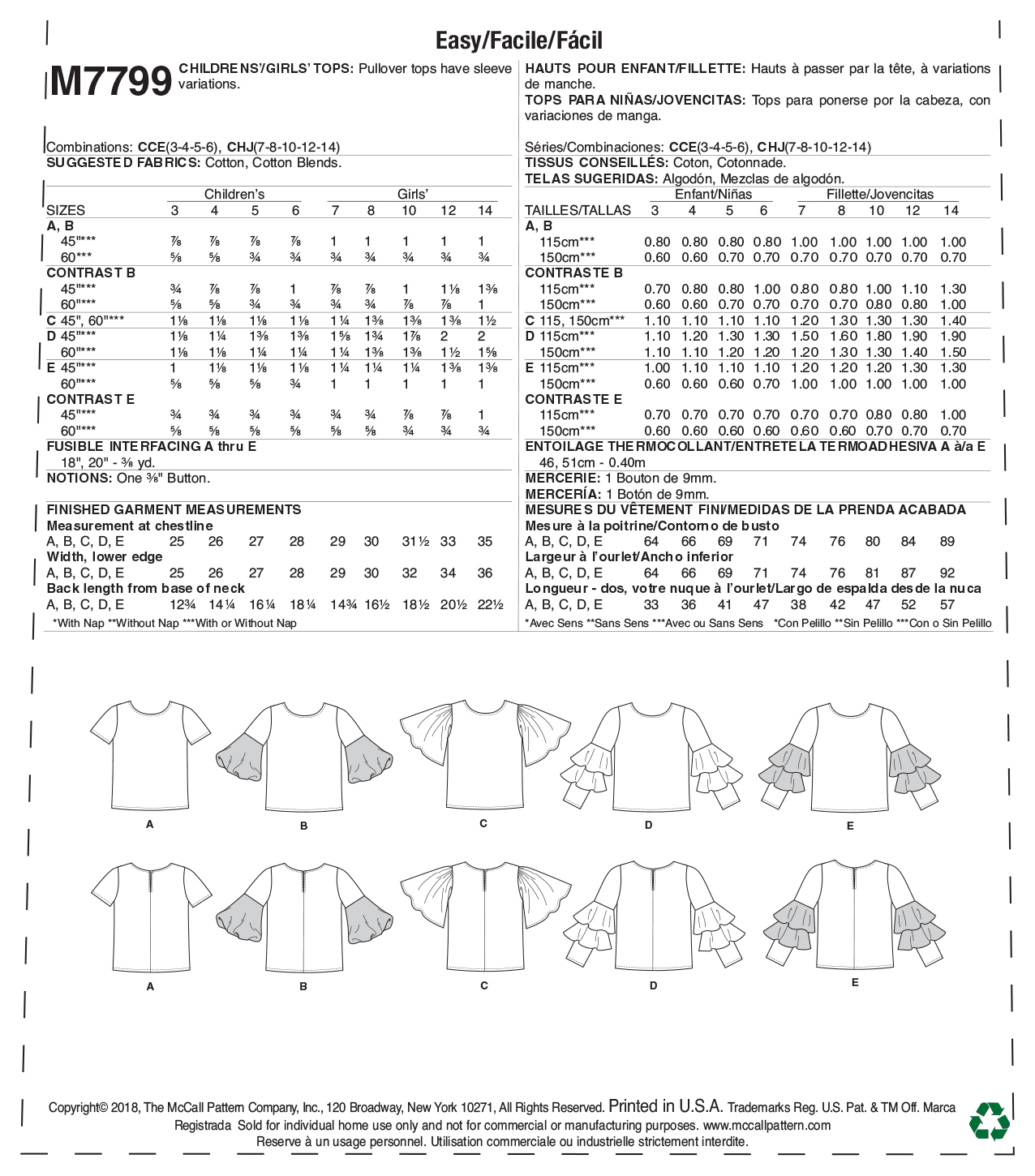 McCalls Child/Teen Tops M7799