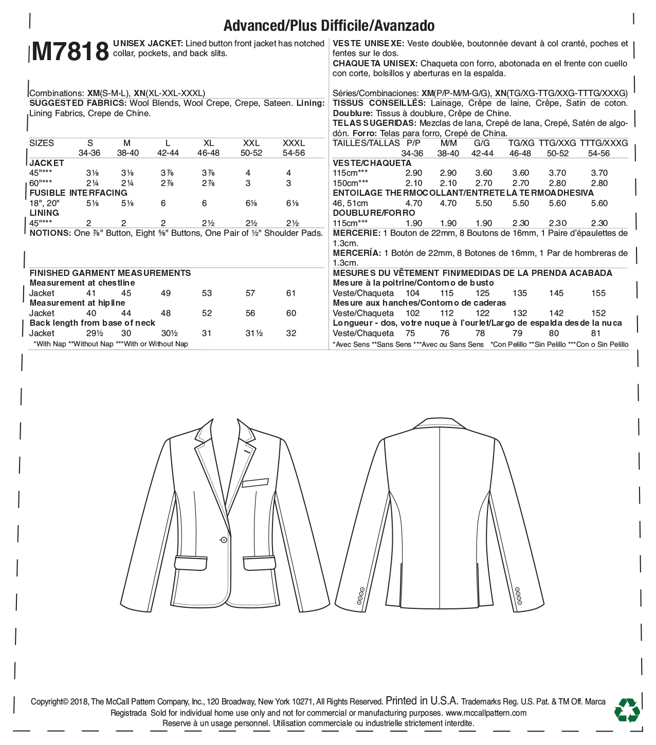 McCalls Unisex Jacket M7818