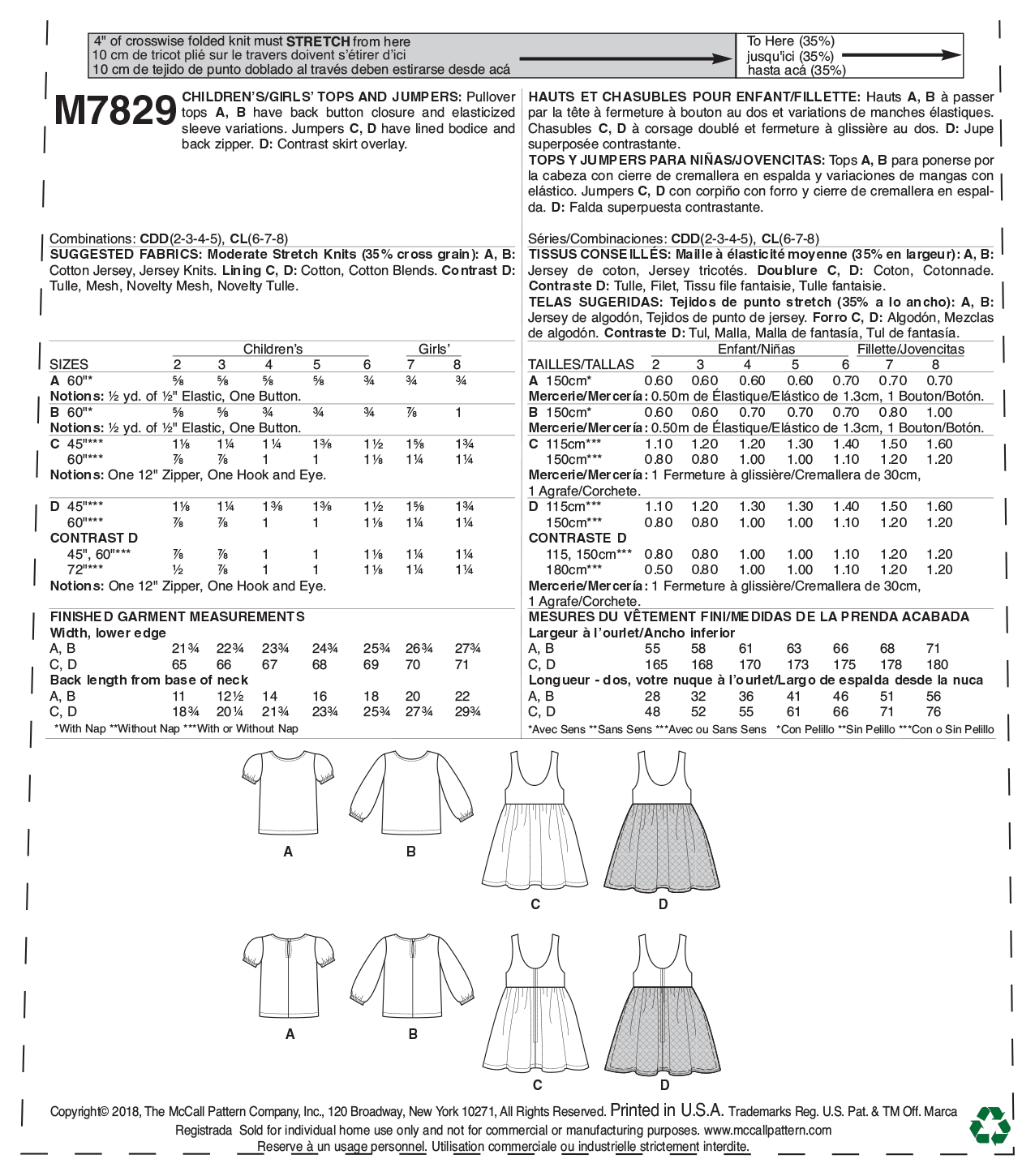 McCalls Children's Tops and Pinafores M7829