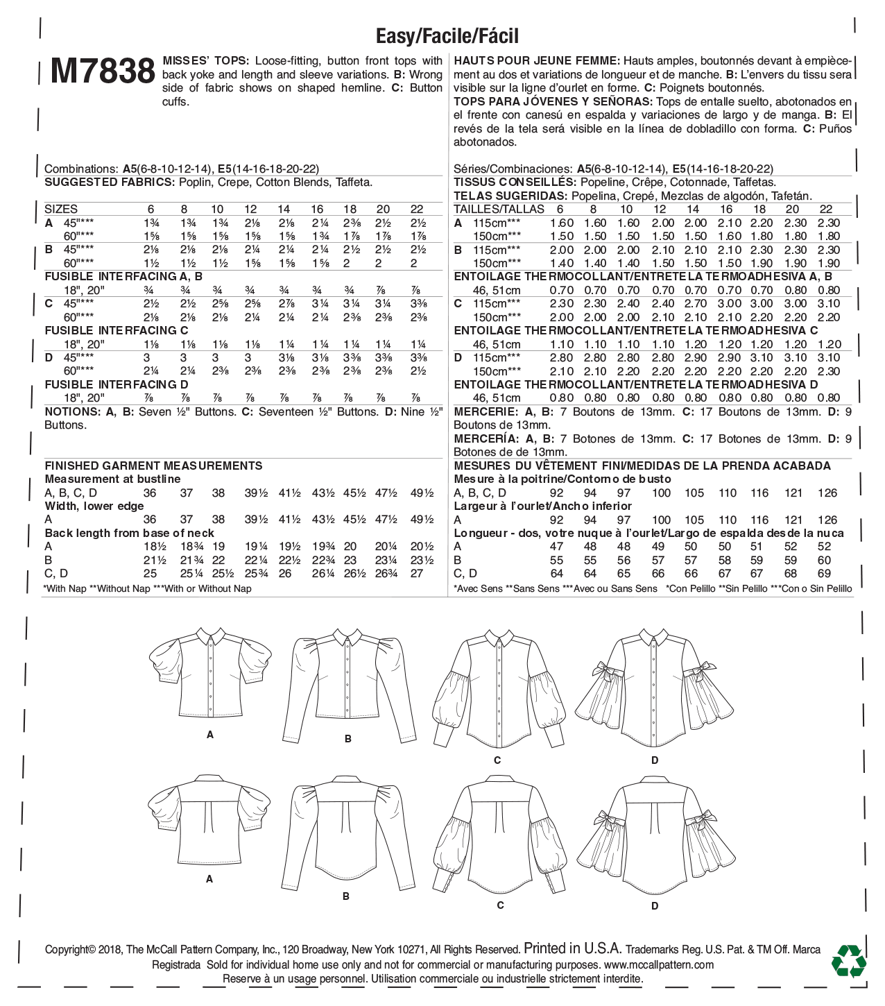 McCalls Tops M7838