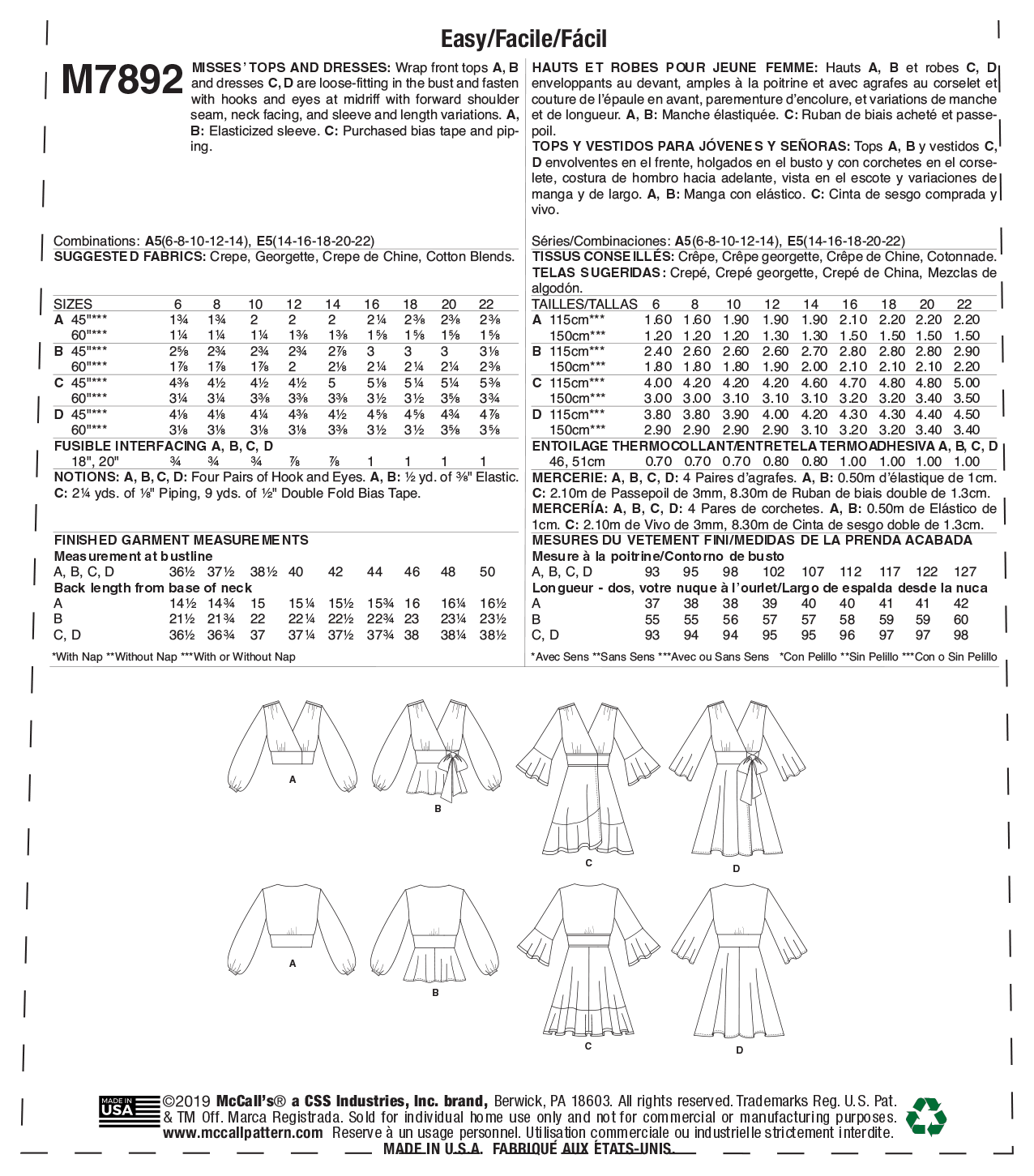 McCalls Tops and Dresses M7892