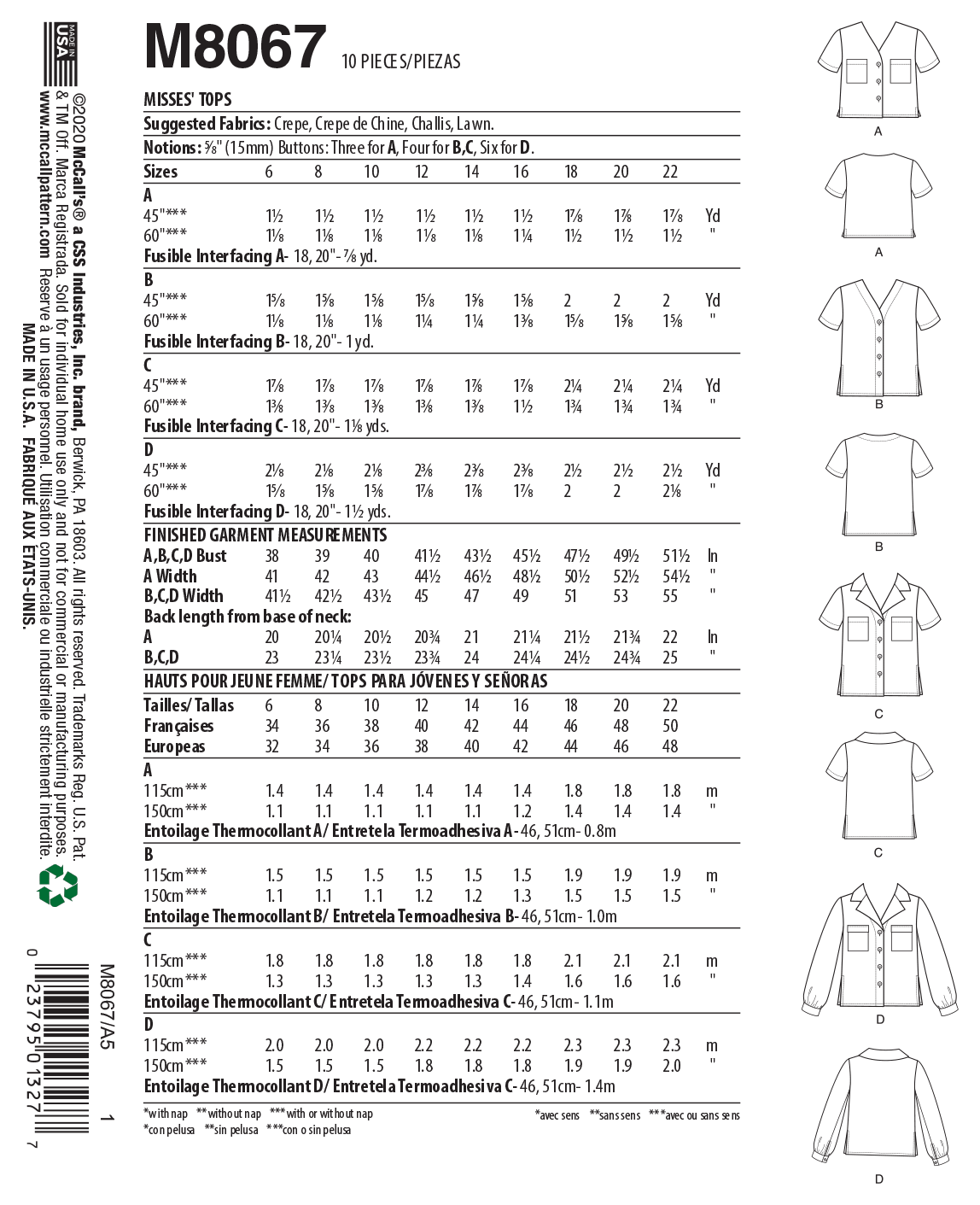 McCalls Tops M8067