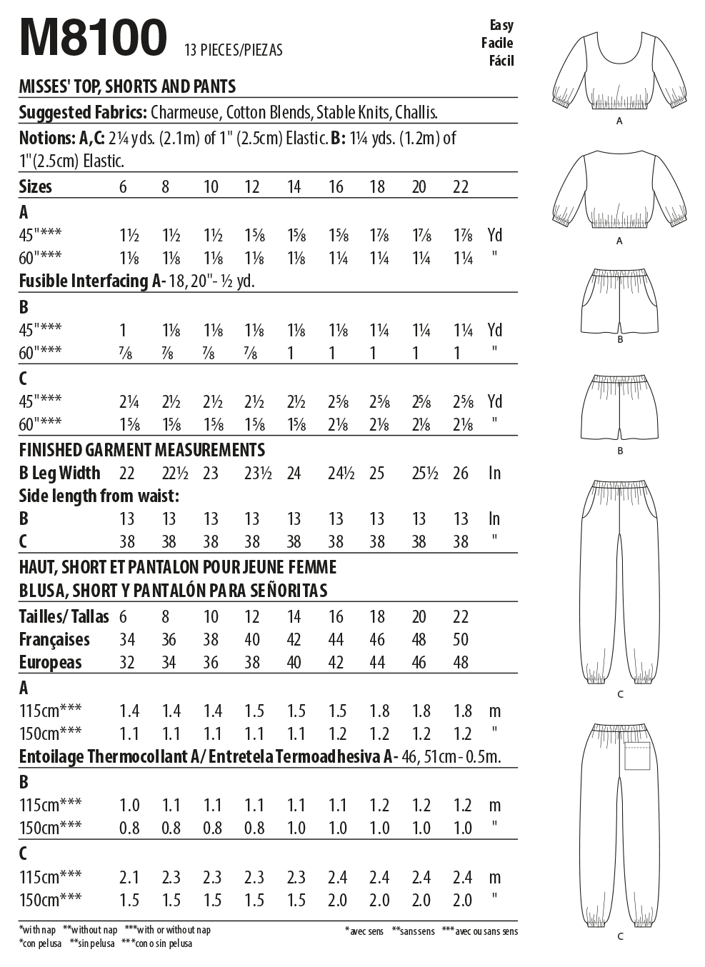 McCalls Top, Shorts and Trousers M8100