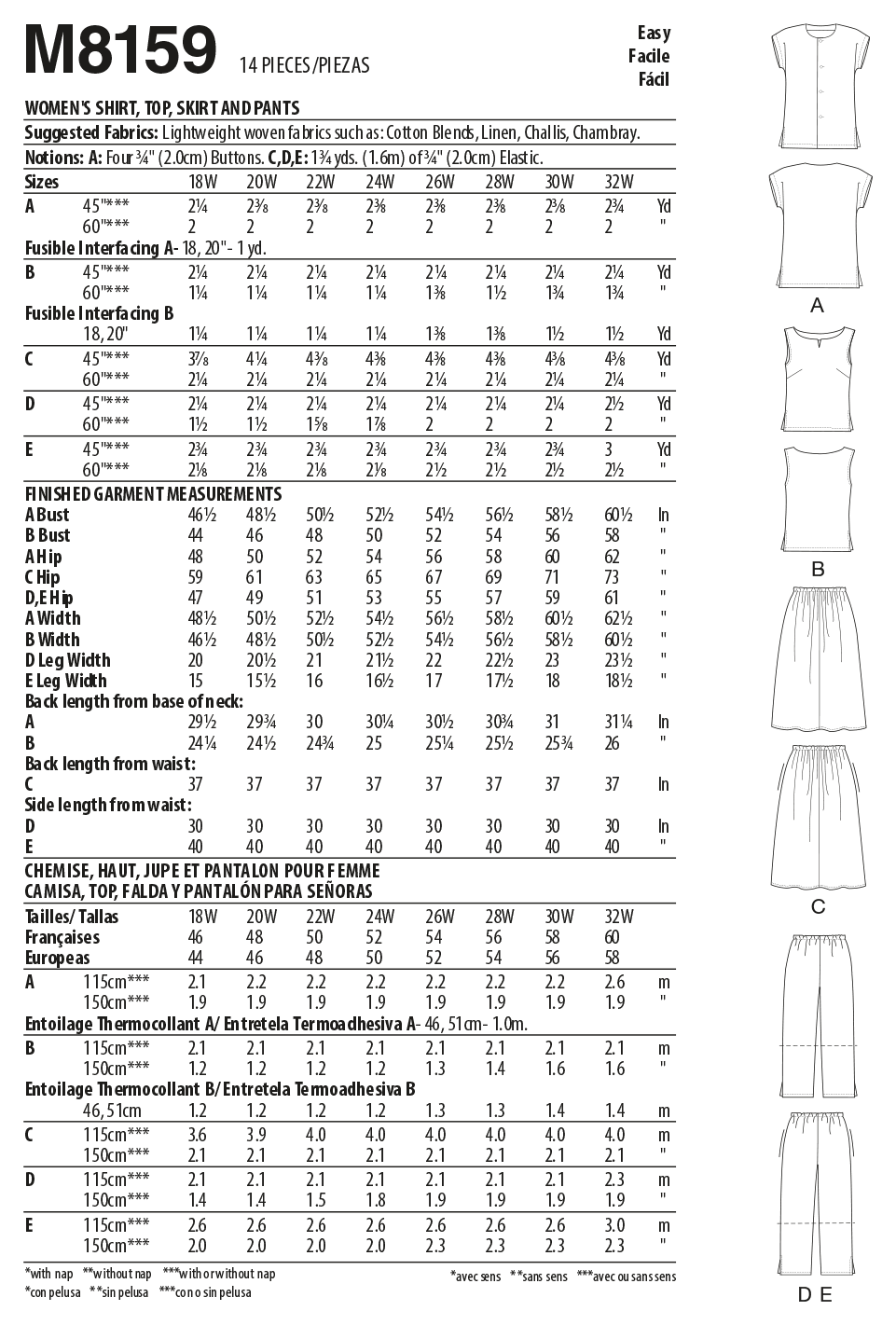 McCalls Shirt, Top, Skirt and Trousers M8159