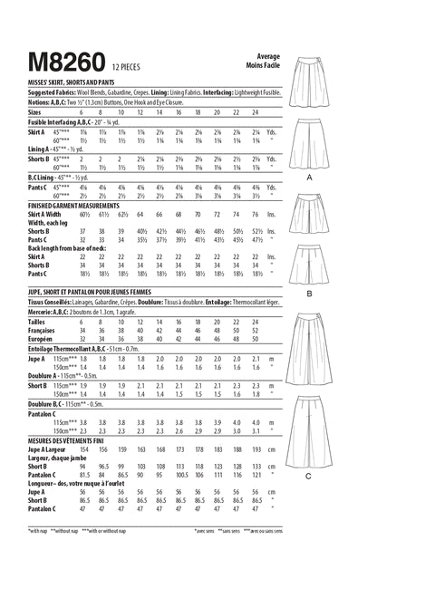 McCalls Skirts, Shorts and Trousers M8260