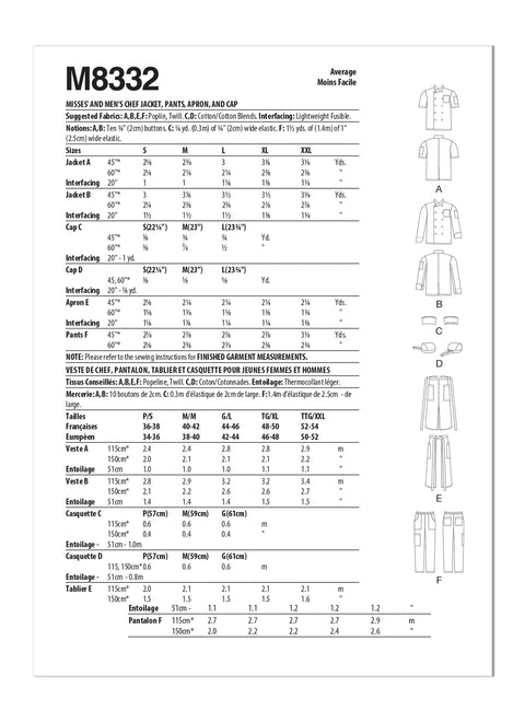 McCalls Unisex Chef Jacket, Pants, Apron and Cap M8332