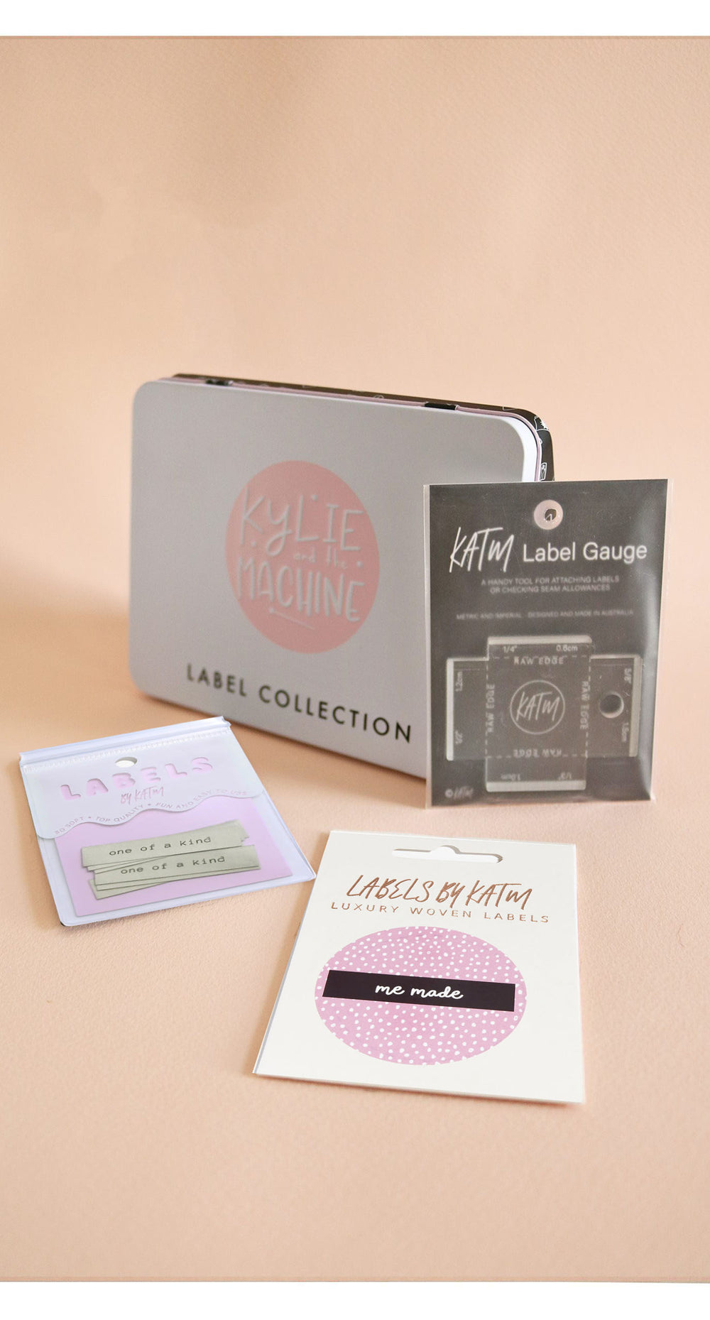 Photo showing the Gift Set Monochrome Bundle from Kylie & The Machine on The Fold Line. Kylie & The Machine make beautiful labels to sew into your handmade clothes. This bundle includes two sets of labels (Me Made and One of a Kind), collectors tin and la