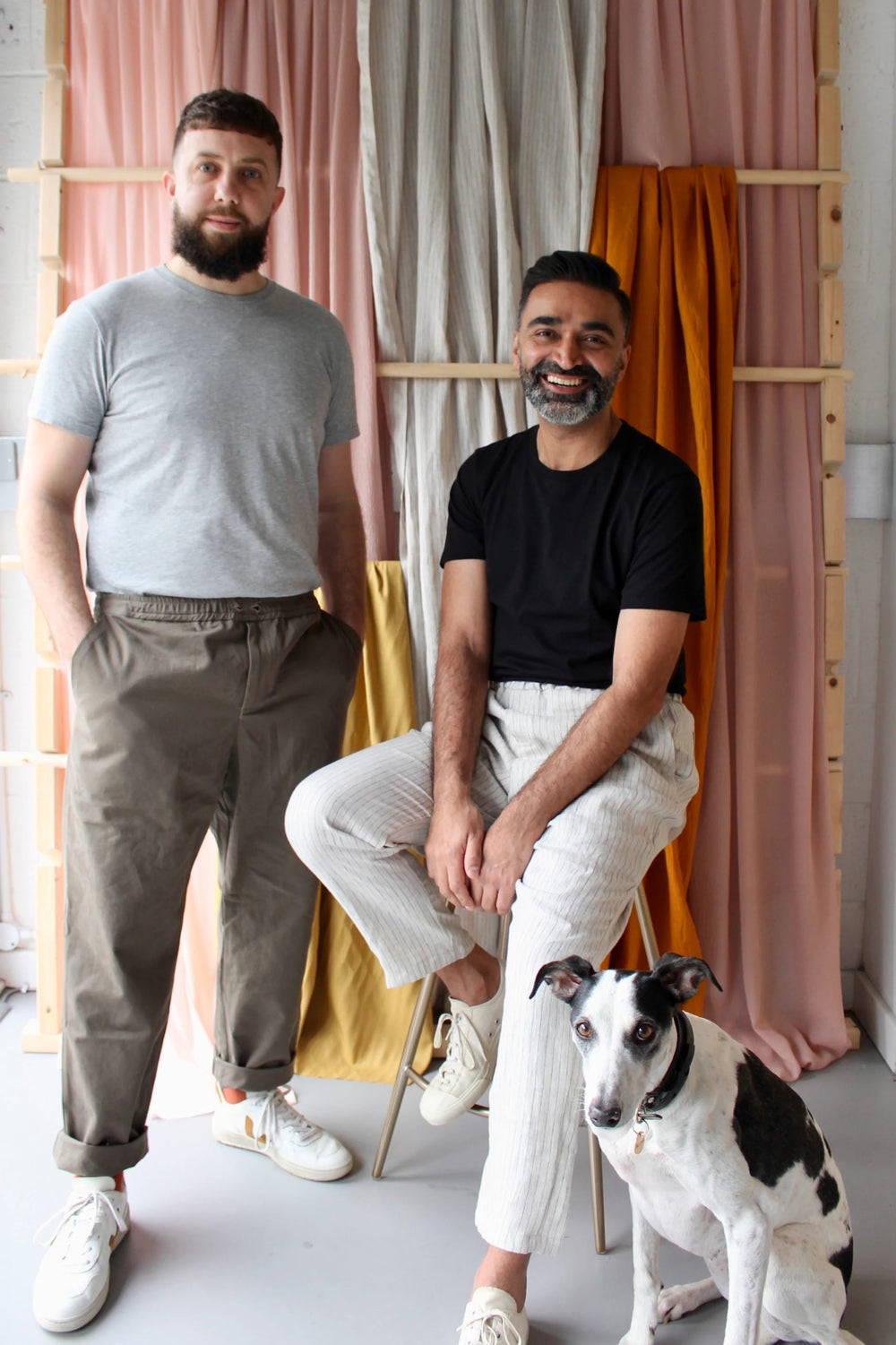 Men wearing the Men’s Everyday Trousers sewing pattern from The New Craft House on The Fold Line. A trouser pattern made in cotton, linen, lightweight denim, satin or silk fabrics, featuring a slightly tapered leg, wide elasticated waistband, mid-rise, fa