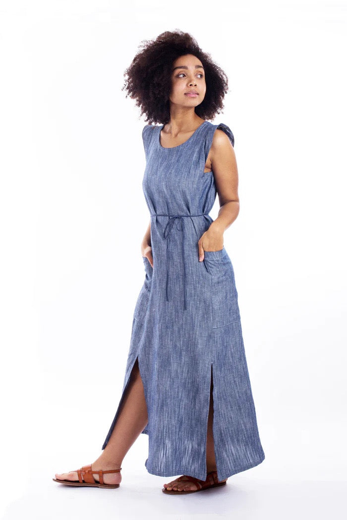 Woman wearing the Montavilla Dress sewing pattern from Sew House Seven on The Fold Line. A dress pattern made in rayon challis, silk challis, sandwashed silk, lightweight woven Tencel, linen, fine cotton lawn or lightweight shirting fabrics, featuring a l