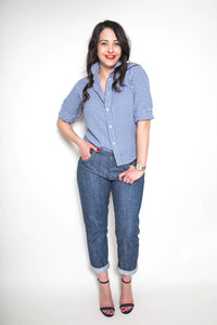 Woman wearing the Morgan Jeans sewing pattern by Closet Core Patterns. A slim boyfriend jeans pattern made in light to heavyweight non-stretch selvedge denim fabric featuring a mid-rise, five pockets, contoured waistband, tapered leg and button fly.