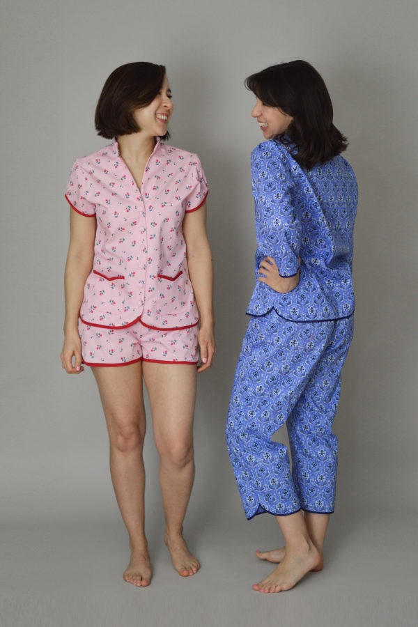 Women wearing the Piccadilly Pyjamas sewing pattern from Nina Lee on The Fold Line. A PJ pattern made in cotton lawn, rayon or silk satin fabrics, featuring long or short length trousers, elasticated back waistband with flat front, 3/4 or cap sleeves, sta