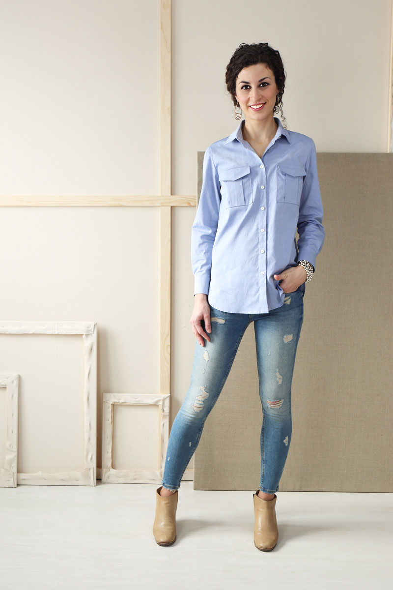 Woman wearing the Classic Shirt sewing pattern from Liesl + Co on The Fold Line. A shirt pattern made in quilting cotton, voile, lawn, shirting, poplin, broadcloth, denim, linen, and flannel fabrics, featuring bust cup options, collar, collar band, sleeve