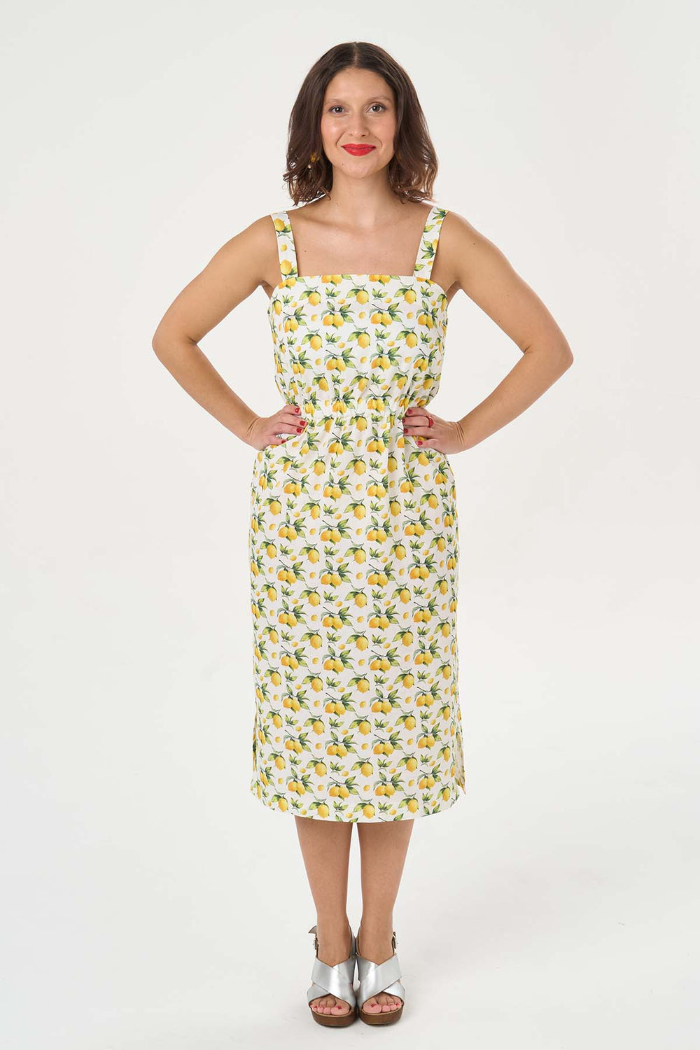 Women wearing the Oona Dress sewing pattern from Sew Over It on The Fold Line. A sleeveless dress pattern made in cotton, cotton poplin, viscose, rayon, chambray, linen, linen crepe or crepe fabrics, featuring wide bra-concealing straps, no closures, wide