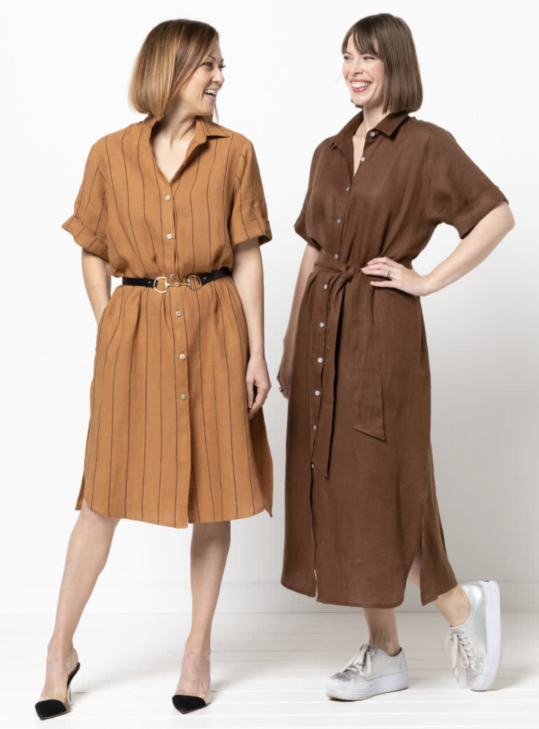 Women wearing the Palmer Woven Dress sewing pattern from Style Arc on The Fold Line. A shirt dress pattern made in linen, cotton, rayon or crepe fabrics, featuring a collar with stand, dropped shoulders, button front closure, short sleeves with folded cuf